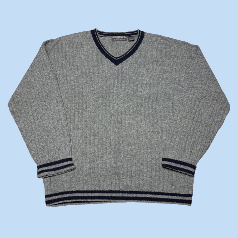 Structure Urban Wear Mens Grey 100% Lambswool V-Neck Ribbed Sweater Medium